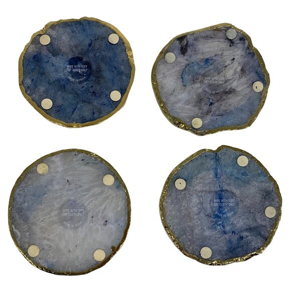 Set of Four Agate Blue Glass, Gold-Tone Trim Coasters w/ Felt Made In India 4"D - Picture 3 of 3